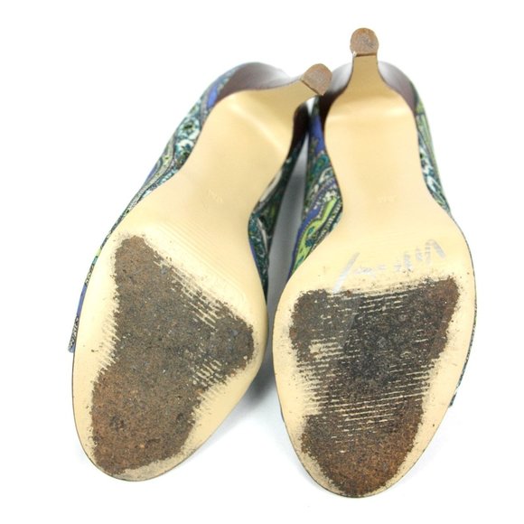 Marc Fisher Paisley Satin Open Toe Heels Pumps Stilettos Blue Green Slip On - 6 - Picture 7 of 7
